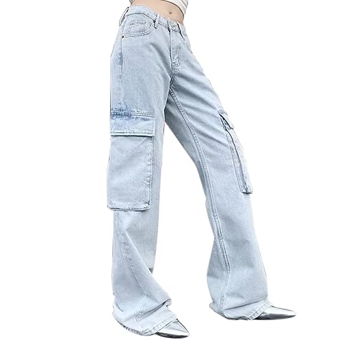 Lazzboy Jeanshose Damen Baggy Jeans Straight Low Waist Cargohose Breites Bein Boyfriend Hose Locker Freizeithose Sommer Streetwear Cargo Denim Pants Casual Trousers (Blau,M) von Lazzboy