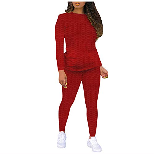 Lazzboy Jogginganzug Damen Set Freizeitanzug Sportanzug Trainingsanzug Fitnessanzug Für Running Yoga Gym Sportswear Frauen Solid Anzug 2pc Langarm Sets Leggings (Rot,L) von Lazzboy