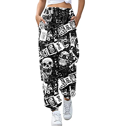 Lazzboy Jogginghose Damen Gothic Bedruckte Kordelzug Freizeithose Röhrenhose Sporthose Sweatpants Lose Für Gym Trainings Porthose Elastic Jogger Baggy Workout Mit Pockets Halloween (Schwarz,S) von Lazzboy