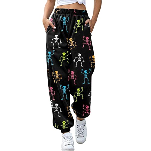 Lazzboy Jogginghose Damen Gothic Bedruckte Kordelzug Freizeithose Röhrenhose Sporthose Sweatpants Lose Für Gym Trainings Porthose Elastic Jogger Baggy Workout Mit Pockets Halloween (Tarnung,XL) von Lazzboy