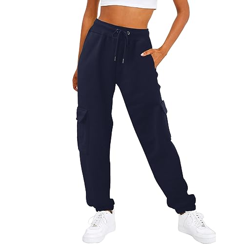 Lazzboy Jogginghose Damen Lang Cargohose Solide Taschenhose Hohe Taille Elastisches Band Pulloverhose Kordelzug Freizeithose Offenem Boden Sporthose Geradem Bein Hose Mit Taschen (Marine,XXL) von Lazzboy