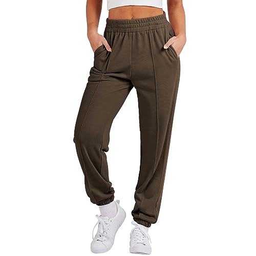 Lazzboy Jogginghose Damen Lang Sporthose Hoch Taillierte Trainingshose Mit Trägern Unterseite Gefütterte Cargohose Freizeithose Sweathose Verdickte Sporthosen Traininghose (Kaffee,3XL) von Lazzboy