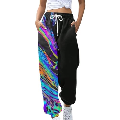Lazzboy Jogginghose Damen Sporthose Spleißen Lange Yoga Hosen Loose Casual High Waist Fit Elastischer Bund Freizeithosen Hohe Trainingsanzug Sweathose Mit Taschen (Schwarz,XXL) von Lazzboy