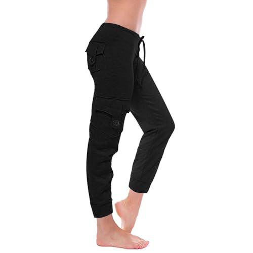 Lazzboy Jogginghose Für Damen Yogahose Mit Taschen Lockerer Kordelzug Lässige Fitness Hose Sporthose Trainingshose Jogger Freizeithose Lang Slim Fit Einfarbig Sweatpants (Schwarz,XS) von Lazzboy