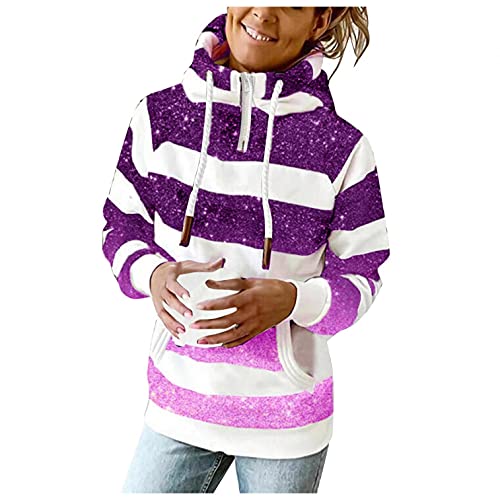 Lazzboy Kapuzenpullover Damen Sweatjacke Streifen Winter Warm Print Langarm Hoodie Sweatshirt Bluse Pullover Lang Frauen Stehkragen Mit Kapuze Herbst Slim Fit Hoody Outwear (Violett,L) von Lazzboy