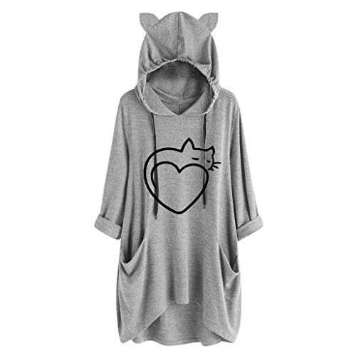 Lazzboy Kapuzenpullover Frauen Druck Katzen Ohr Mit Kapuze Langärmliges Unregelmäßiges Spitzenblusen Hemd Damen Lang Oversize Hoodie Pullover Sweatshirt(Grau,5XL) von Lazzboy