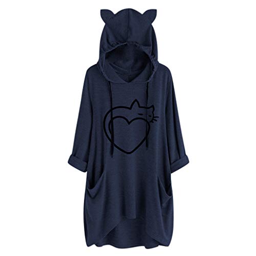 Lazzboy Kapuzenpullover Frauen Druck Katzen Ohr Mit Kapuze Langärmliges Unregelmäßiges Spitzenblusen Hemd Damen Lang Oversize Hoodie Pullover Sweatshirt(Marine,M) von Lazzboy