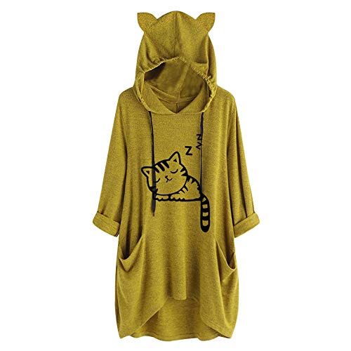 Lazzboy Kapuzenpullover Frauen Druck Katzen Ohr Mit Kapuze Langärmliges Unregelmäßiges Spitzenblusen Hemd Damen Lang Oversize Hoodie Pullover Sweatshirt (X-Gelb,M) von Lazzboy