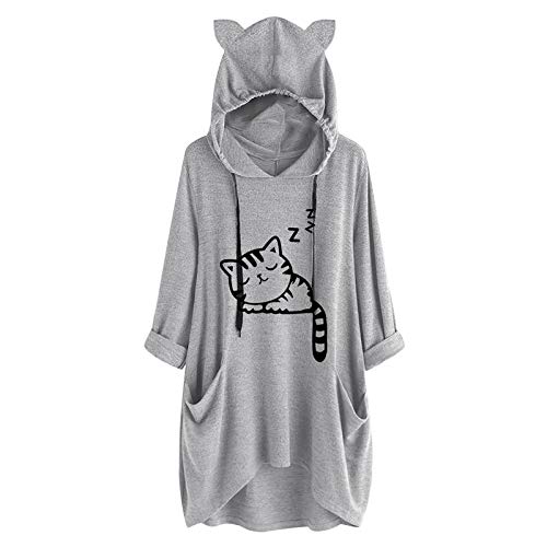 Lazzboy Kapuzenpullover Frauen Druck Katzen Ohr Mit Kapuze Langärmliges Unregelmäßiges Spitzenblusen Hemd Damen Lang Oversize Hoodie Pullover Sweatshirt (X-Grau,4XL) von Lazzboy