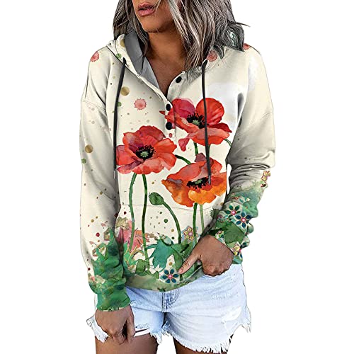 Lazzboy Kapuzenpullover Große Größen Damen Hoodie Blumenmuster Kapuzenjacke Sweatjacke Jacke Mit Kapuze Herbst Winter Oberteile Sweatshirt Hoody Pulli Sport Button Oversize Pullover (Beige,M) von Lazzboy