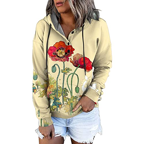 Lazzboy Kapuzenpullover Große Größen Damen Hoodie Blumenmuster Kapuzenjacke Sweatjacke Jacke Mit Kapuze Herbst Winter Oberteile Sweatshirt Hoody Pulli Sport Button Oversize Pullover (Gelb,M) von Lazzboy