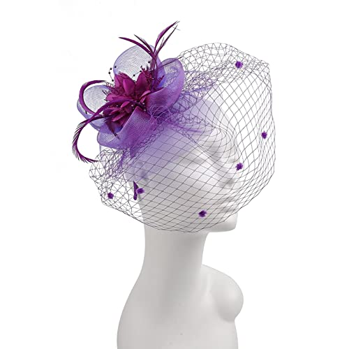 Lazzboy Karneval Damen Fascinator Haarreif Haarschmuck Kopfschmuck Kopfbedeckung Feder Braut Haar Accessoires Imitierte Blumen Mesh Blütenblatt Brauthut Rennbahn Festival Kostüm (Lila) von Lazzboy