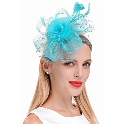 Lazzboy Karneval Fascinator Damen Kostüm Hut Blume Mesh Federn Clip Kopfschmuck Haarschmuck Für Party Kirche Hochzeit Cocktail Club Haarschmuck Kopfschmuck (Himmelblau) von Lazzboy