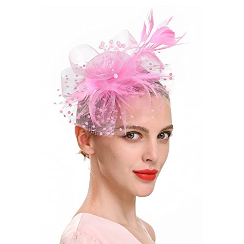 Lazzboy Karneval Fascinator Damen Kostüm Hut Blume Mesh Federn Clip Kopfschmuck Haarschmuck Für Party Kirche Hochzeit Cocktail Club Haarschmuck Kopfschmuck (Hot Rosa) von Lazzboy