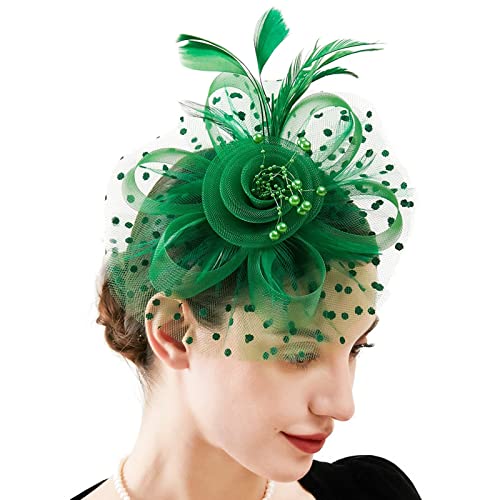 Lazzboy Karneval Fascinator Damen Kostüm Hut Blume Mesh Federn Clip Kopfschmuck Haarschmuck Für Party Kirche Hochzeit Cocktail Club Haarschmuck Kopfschmuck (Minzgrün) von Lazzboy