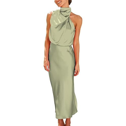 Lazzboy Kleid Damen Elegant Für Hochzeit Ärmellos Einfarbig Sommer Satin Krawatte Taille Elegante Cocktail Party Langer Schlank Cocktailkleid Abendkleider Partykleid Maxikleid (Hellgrün,M) von Lazzboy