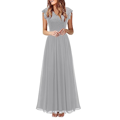 Kleid Damen Elegant Für Hochzeit Festlich Abendkleider Spitzenkleid Hi-Lo Brautjunferkleid Bridesmaid Dress Partykleid Abschlusskleid Lang Ballkleid (Grau,XXL) von Lazzboy