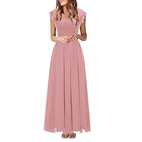 Lazzboy Kleid Damen Elegant Für Hochzeit Festlich Abendkleider Spitzenkleid Hi-Lo Brautjunferkleid Bridesmaid Dress Partykleid Abschlusskleid Lang Ballkleid (Rosa,XL) von Lazzboy