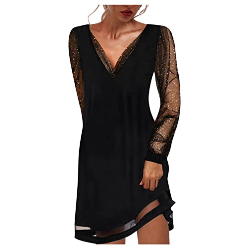 Lazzboy Kleid Damen V-Ausschnitt Transparent Festes Diamantbesetztes Mesh Mit Langen ärmeln Festlich Minikleid Spitzenkleid Cocktailkleid Etuikleid Party Business Kleider (Schwarz,XXL) von Lazzboy