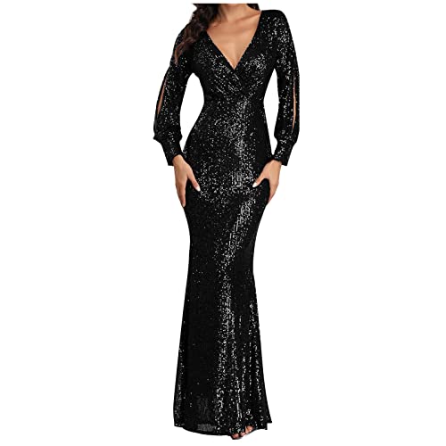 Lazzboy Kleid Festlich Damen Hochzeitskleid V-Ausschnitt Brautkleider Paillettenkleid Maxikleid Glitzer Lange Party Mit Abendkleid Cocktailkleider Lang Wickelkleid Ballkleider (Schwarz,L) von Lazzboy