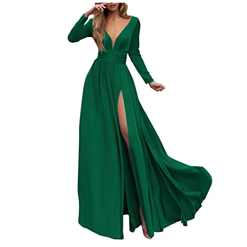 Lazzboy Kleid Festlich Damen V-Ausschnitt Spitze Off Shoulder Plissee Kurzarm Schlitz Elegante Maxikleid Partykleid Abendkleid Hochzeit Langes Langarm Cocktailkleid Ballkleid (Grün,L) von Lazzboy