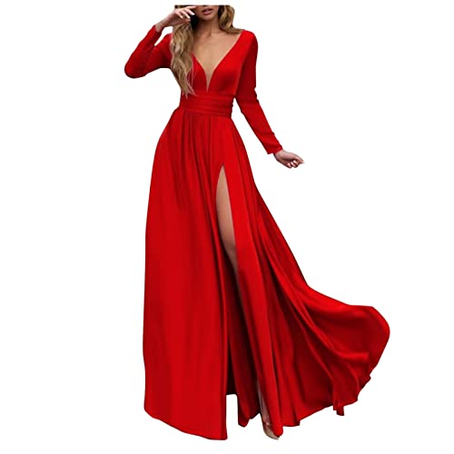 Lazzboy Kleid Festlich Damen V-Ausschnitt Spitze Off Shoulder Plissee Kurzarm Schlitz Elegante Maxikleid Partykleid Abendkleid Hochzeit Langes Langarm Cocktailkleid Ballkleid (Rot,L) von Lazzboy