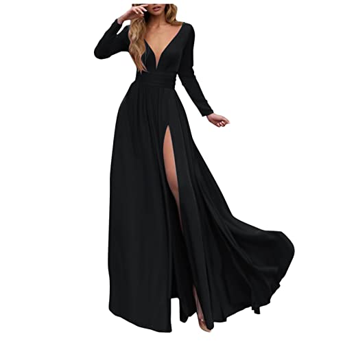 Lazzboy Kleid Festlich Damen V-Ausschnitt Spitze Off Shoulder Plissee Kurzarm Schlitz Elegante Maxikleid Partykleid Abendkleid Hochzeit Langes Langarm Cocktailkleid Ballkleid (Schwarz,XL) von Lazzboy