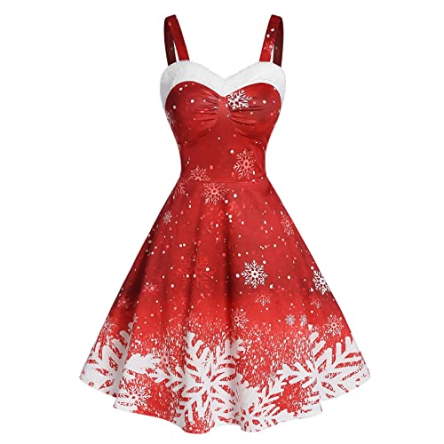 Lazzboy Kleid Festlich Damen Weihnachten Plaid Frauen Santa Schneeflocke Print Camis ärmelloses Party Abendkleid Kostüm Langarm Weihnachtskleider Midi Tunika Karneval Cosplay (Rot,M) von Lazzboy