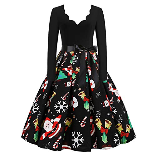 Lazzboy Kleid Frauen Langarm Weihnachten Vintage Flare Weihnachtskleid Damen Weihnachtspullover Weihnachtsdeko Kleider Weihnachtsmann Schlitten Druchen Party Swing(Schwarz-4,S) von Lazzboy