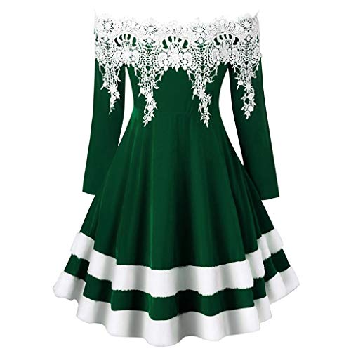 Lazzboy Kleid Frauen Plus Größe Weg Von Der Schulter Spitze Applique Weihnachten Mittleres Weihnachtskleider Damen Große Langarm Off Should Retro Oversize (Grün,S) von Lazzboy