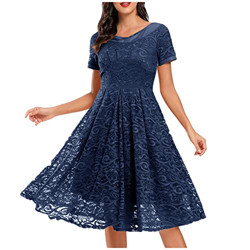 Lazzboy Kleider Damen Cocktailkleid Frauen O-Ausschnitt Kurzarm Spitze Floral Partykleid Bankettkleid Midi Hochzeit Spitzenkleid Brautjungfern Rockabilly Abendkleider Ballkleider (Blau,M) von Lazzboy