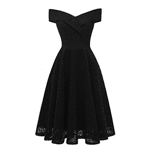 Lazzboy Kleider Damen Elegantes Spitzenkleid Kurzarm Schulterfrei Hochzeit Party Knielanges Kleid Elegant Rockabilly Cocktail Abendkleider Vokuhila Brautjungfernkleider (Schwarz,XXL) von Lazzboy