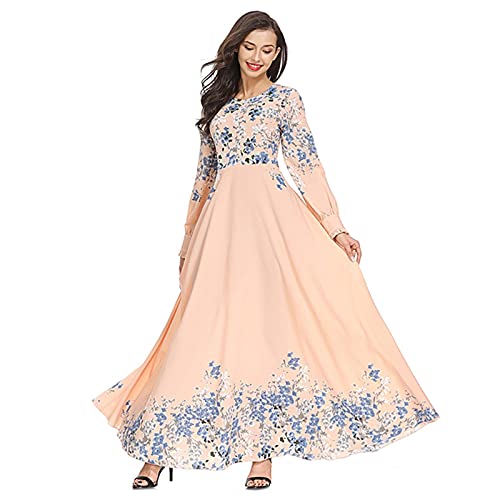 Lazzboy Kleider Damen Muslim Loose Floral Bedruckte Robe Kleidung Abaya Islamic Arab Kaftan Muslimische Islamische Druck Elegant Slim Lang Kleid Maxikleid Langarm Dubai (Beige,L) von Lazzboy