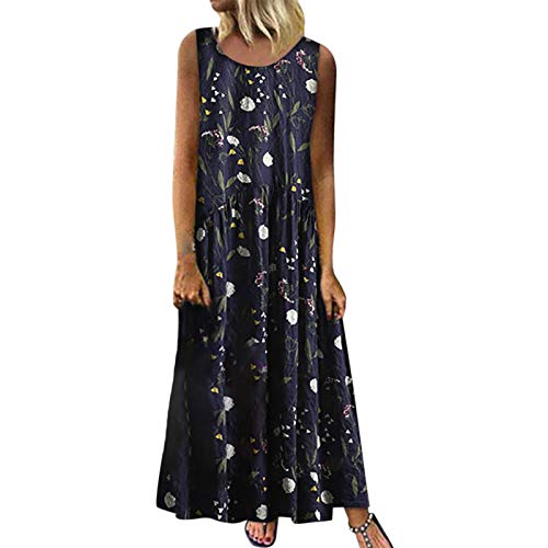 Lazzboy Kleider Frauen Blumendruck Plus Size Bohemian O-Ausschnitt Vintage ärmelloses Maxikleid Sommerkleider Damen T-Shirtkleid Irregulär Strandkleid Strandkleider S-5XL (Schwarz,L) von Lazzboy