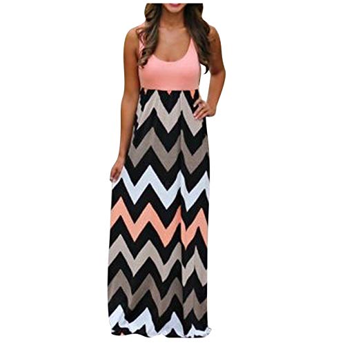 Lazzboy Kleider Frauen Gestreiftes Langes Boho-Kleid Sommerkleid Maxikleid Plus Size Sommer Damen V-Ausschnitt Camisole ärmelloses Urlaubskleid Strandkleid Freizeitkleid (Braun,M) von Lazzboy