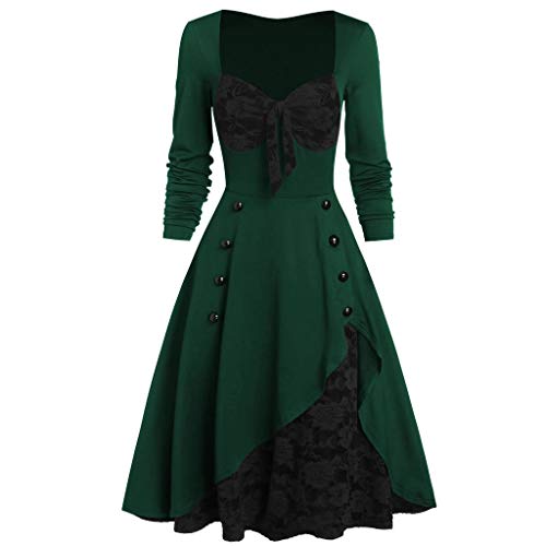 Lazzboy Kleider Frauen Plus Größen Partei Retro Kleid Blumen Spitze Einsatz Scheinknopf Bowknot Weinlese Damen Große Größe Winter(Grün,5XL) von Lazzboy