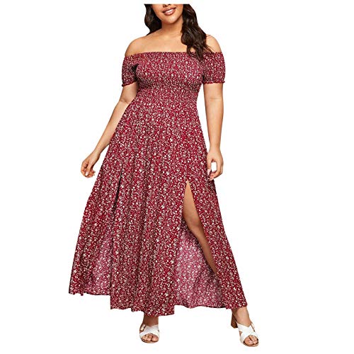 Lazzboy Kleider Frauen Plus Size Blumendruck Off Shoulder Oberschenkel Blumenkleid Damen Lang Sommer Sommerkleider Maxikleider Partykleid Strandkleider L-4XL (Rot,4XL) von Lazzboy