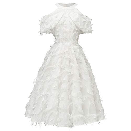 Lazzboy Kleider Für Hochzeitsgäste Damen Abendkleid Maxi Spitzenkleid Lang Schulterfrei ärmellos Floral Frauen Oansatz Federn Plisseekleid(Weiß,2XL) von Lazzboy