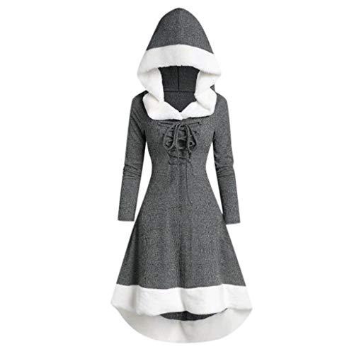 Lazzboy Kostüm Damen Langarm Patchwork Mit Kapuze Vintage Kleid Partykleid Frauen Strickkleid Cocktailkleid A-Linie Kleider Abendkleid Karneval Kostüme Cosplay(Grau,L) von Lazzboy