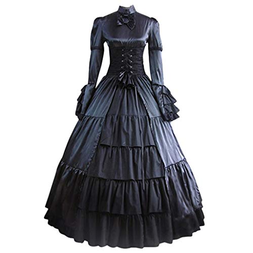 Lazzboy Kostüm Frauen Vintage Gothic Bogen Spitze Volant Langarm Patchwork Kleid Damen Mittelalterliche Mit Mittelalter Party Cosplay Retro Königin Kleider Partykleider(Schwarz,XL) von Lazzboy