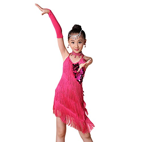 Lazzboy Kostüm Kleinkind Kinder Mädchen Latin Ballett Kleid Party Dancewear Gesellschaftstanz Kostüme Bauchtanz Outfit Indien Dance Kleidung Top + Rock(Rosa,Höhe:130) von Lazzboy