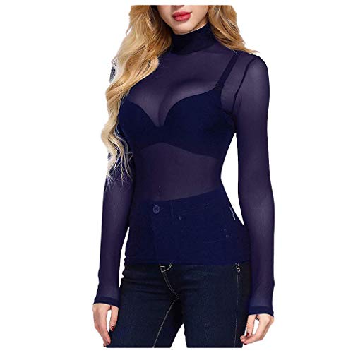 Lazzboy Langärmliges High Neck Arm Shaper Shirt Für Damen Mit Transparenter Mesh Bluse Langarm Pullover Frauen Transparent Tüll Body T-Shirt Tunika Tops (Marine,M) von Lazzboy