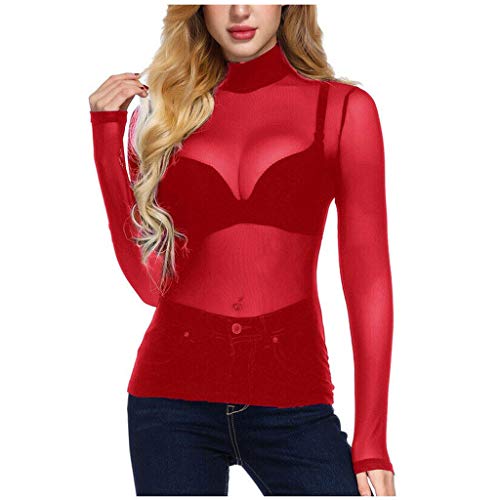 Lazzboy Langärmliges High Neck Arm Shaper Shirt Für Damen Mit Transparenter Mesh Bluse Langarm Pullover Frauen Transparent Tüll Body T-Shirt Tunika Tops (Rot,L) von Lazzboy