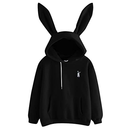 Lazzboy Langärmliges Kaninchen Hoodie Sweatshirt Für Damen Pullover Tops Bluse Ohr Kapuzenpullover(Schwarz,XL) von Lazzboy