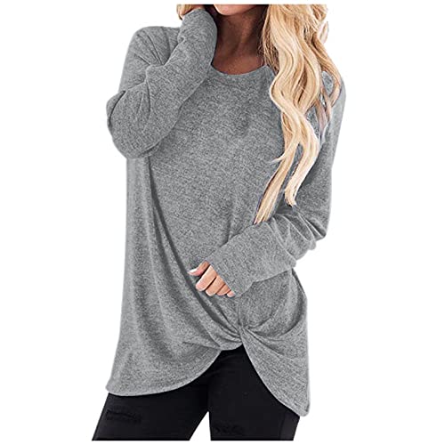 Lazzboy Langarmshirt Damen Einfarbig Frauen Casual Rundhalsausschnitt Twisted Langarm Top Oberteile Baseball Shirt Farbblock Bluse Lose Rundhals Oversize Pullover Tunika Blusen (Grau,XXL) von Lazzboy