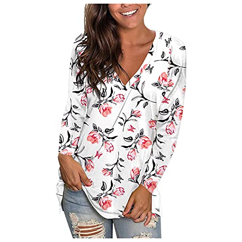 Lazzboy Langarmshirts Damen Blumendruck T-Shirt Mit V-Ausschnitt Und Print Langarm Tunika Seitlichen Bluse Shirt Basic Oberteile Button Casual Pullover Langarmshirt Top S-2XL (Weiß,L) von Lazzboy