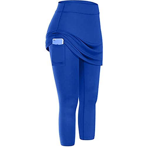 Lazzboy Leggings Damen High Waist Frauen Tennis Rock Taschen Elastic Sports Yoga Capris Röcke Legging Mit Knöchellange Engen Bescheiden Lauf Skort Hockey Hose 2 In 1 (Blau,XL) von Lazzboy