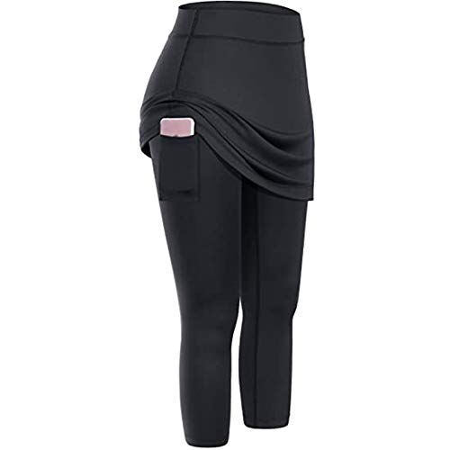 Lazzboy Leggings Damen High Waist Frauen Tennis Rock Taschen Elastic Sports Yoga Capris Röcke Legging Mit Knöchellange Engen Bescheiden Lauf Skort Hockey Hose 2 In 1 (Schwarz, XL) von Lazzboy