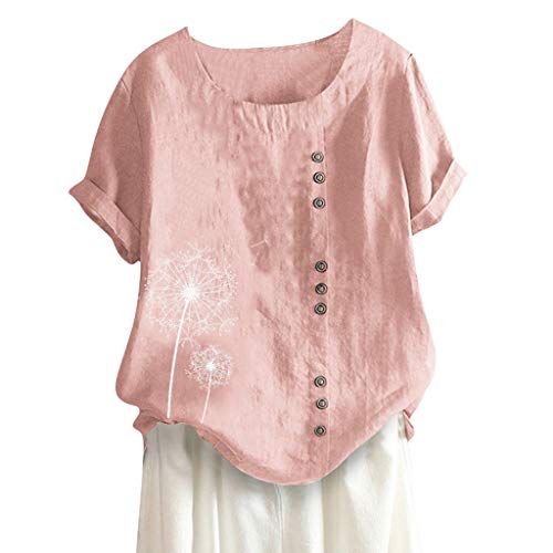 Lazzboy Lose Knopf Plusgrößen Druck Boho Tanic Hemd Blusen Oberseiten Frauen Damen Sommer Große Größen Plus Size Solide Print Tägliche Bluse Strand Shirt Tops Kurzarm(Rosa,2XL) von Lazzboy