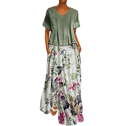 Lazzboy Maxikleid Damen Plus Size Taschen Frauen Vintage Print Patchwork O-Ausschnitt Kleider Sommerkleid Tops Oansatz Zwei Stücke Größe Maxi Dress Einfarbig Bluse(Grün,XL) von Lazzboy